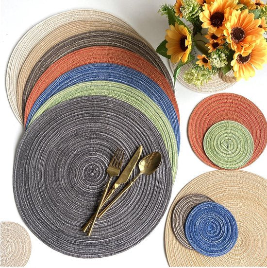 Placemats, wasbare placemats, ook als onderzetters, koffiemat, ronde antislip placemats, eettafel, Europese stijl, natuurlijk materiaal, tafelmat van handgeweven stof (beige-30cm-6st)