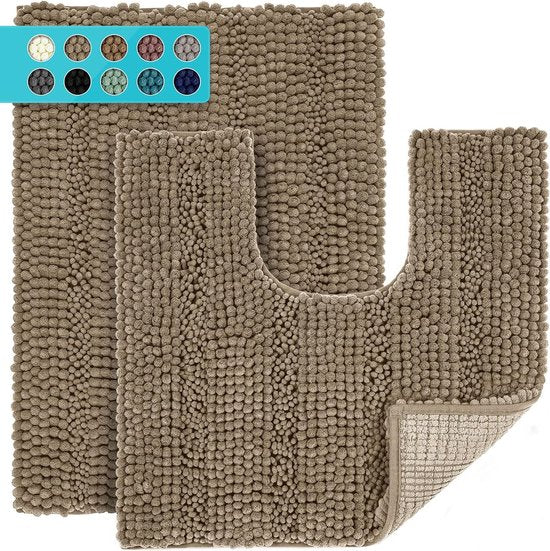 Badkamertapijtset 2-delig antislip voor badkuip, douche en badkamer- en toilettapijt met uitsparing U-vormig wasbaar microvezel absorberend - 43 x 61 cm + 51 x 51 cm (grijsbeige)
