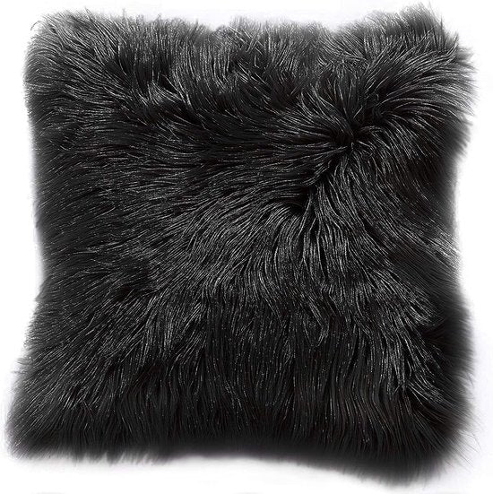 Schapenvacht Kussen - Imitatiebont Lamsvacht, Schapenvel Imitatievacht - Kunstbont Slaapkamer Woonkamer - Wasbaar Bont, Decoratiebont - Zwart - 43 x 43 cm Kussen