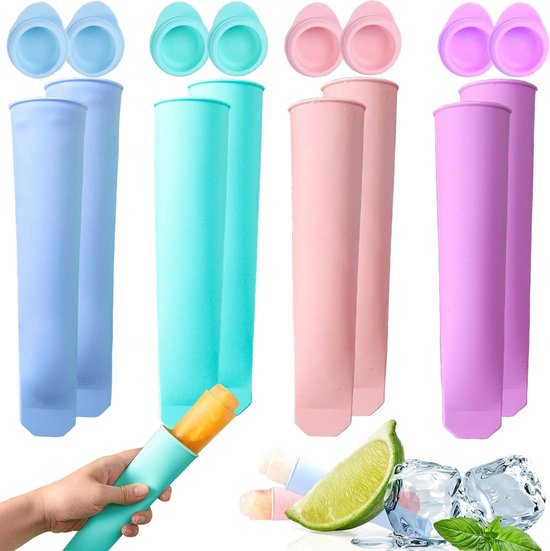 Siliconen 8 stuks ijsvormen ijslolly siliconen mal ijshoorntjes ijsvormen waterijs met deksel, waterijsvormen zakken herbruikbare ijslollyvorm voor waterijs