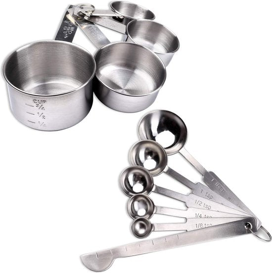 10-delige set maatlepel en maatbeker van roestvrij staal met meetliniaal gegraveerde meetwaarden stapelbaar
