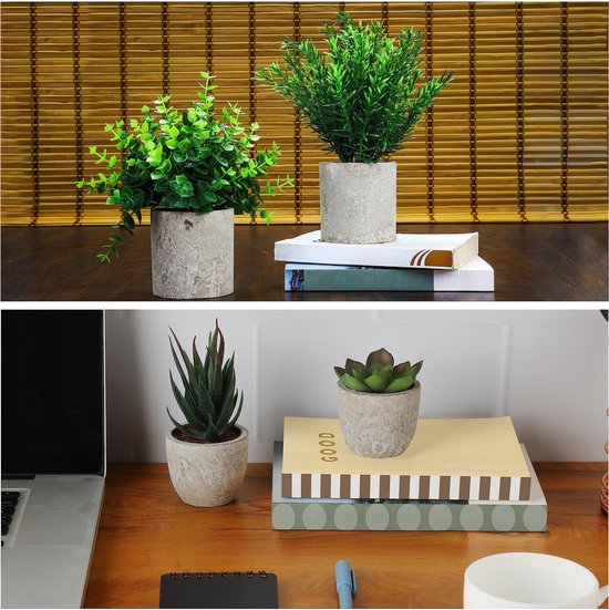 Belle Vous 4 Pak Artificiële Binnen Potplanten - Kleine Nep Plastic Eucalyptus, Slangen Tong Gras & Vetplanten - Faux Groen voor Kantoor, Bureau/Tafel, Slaapkamer, Keuken, Huisdecoratie