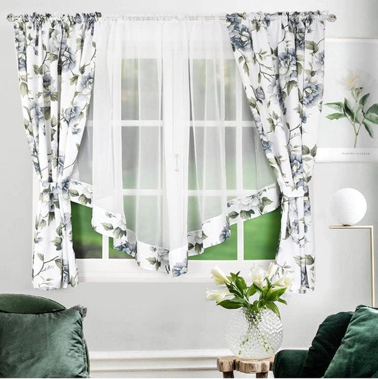 Gordijnset met trekkoord, 400 x 160 cm, voile, woonkamer, slaapkamer, kinderkamer, decoratieve raamgordijnen, set met gordijnen, vitrage, plooiband, lichtgrijs bloemen