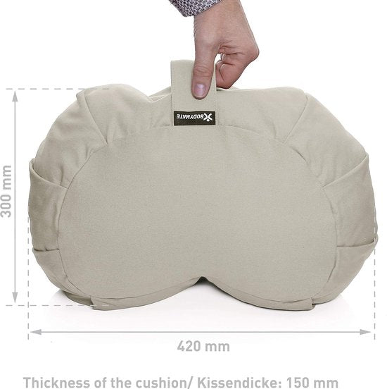 Halve maan yogakussen, 42 cm lang, 30 cm breed en 15 cm hoog, met vulling van boekweit-spelt, machinewasbare overtrek van 100% extra dik katoen, meditatiekussen, zitkussen