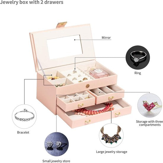 Sieradenkistje met opbergvak, afsluitbare ordners voor ringen, armbanden, oorbellen,