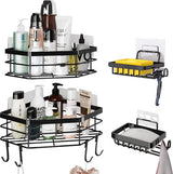 Doucheplank zonder boren, 4 stuks badkamerrek met 4 haken, roestvrij staal, zwart, doucherek voor shampoo en douchegel