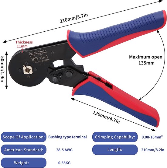 Krimptang voor adereindhulzen, 16-4, vierkante koppeling, AWG 30-5 (0.08-16 mm²), adereindhuls-krimptang, ratelkrimpgereedschap