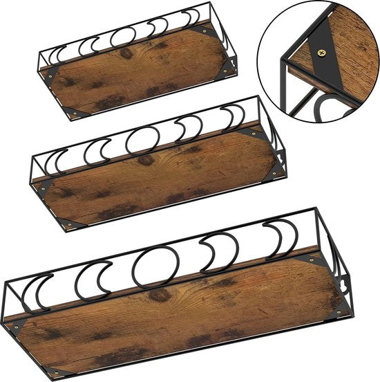 Wandrek, set van 3, zwevende houten planken met maanfase-metalen decoratie, ideaal voor keuken, badkamer, kantoor en woonkamer, praktische opslag en stijlvolle decoratie