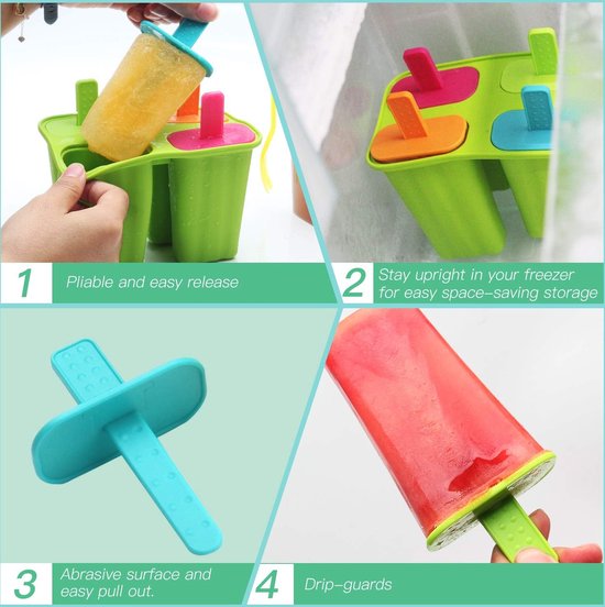 IJsvormen van siliconen, set van 4 ijsvormen, BPA-vrij, FDA-gecertificeerd, levensmiddelenkwaliteit, siliconen ijslolly mold met sticks en druppelbescherming
