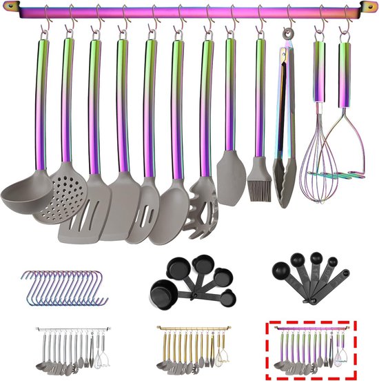 38-delige siliconen kookgereiset met keukengereihouder, siliconen kop en roestvrij stalen regenbooggreep kookgerei, keukenhulp (regenboog)