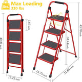 Trapladder, vouwladder met antislip en breed pedaal, kleine ladder met handvat, robuuste stalen ladder, lichtgewicht en draagbare trapladder (rood, 4 treden met leuningen)