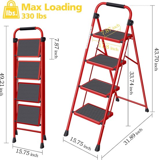 Trapladder, vouwladder met antislip en breed pedaal, kleine ladder met handvat, robuuste stalen ladder, lichtgewicht en draagbare trapladder (rood, 4 treden met leuningen)