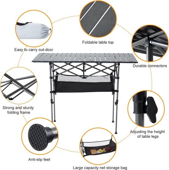 Opvouwbare campingtafel, klaptafel, campingtafel voor 4-6 personen, opvouwbare tuintafel voor buiten met netplank, opbergtas, in hoogte verstelbare klaptafel met oprolbaar tafelblad en draagtas