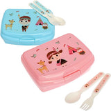 6-delige set lunchtrommel en bestek, met grappige indianenmotieven voor jongens en meisjes, broodtrommels met lepel en vork (roze/blauw - 6-delig)