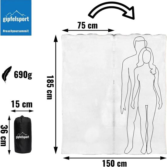 Microvezel fleece deken met slaapzakfunctie, afmetingen 185 x 150 cm, ca. 690 g, microvezel campingdekenslaapzak, licht, klein, rechthoekig