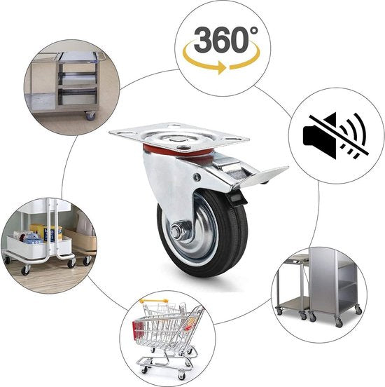 4 stuks transportwielen, 125 mm zwenkwielen met rem, 2 bokkenwielen + 2 remwielen, meubelwielset, industriële wielen, draagkracht 100 kg per rol, massief rubberen wielen, zwart, verzinkt plaatstaal