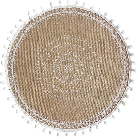 Boho print ronde placemats set van 4 - boerderij jute placemats met pompom kwastje 15" placemat voor eetkamer keuken tafeldecoratie (set G)