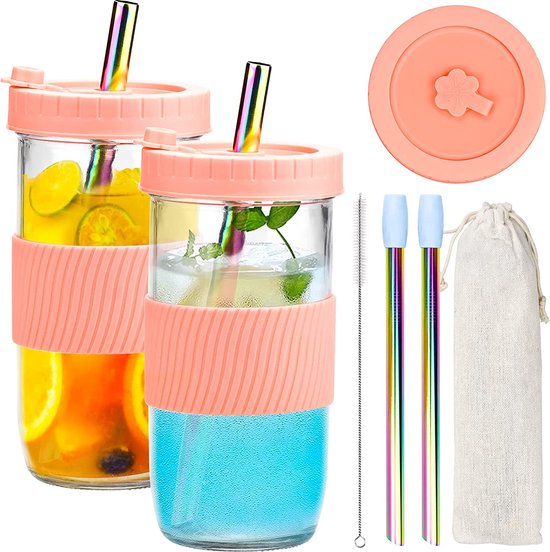 Set van 2 drinkglazen met spatvast deksel en rietje, herbruikbare inmaakglas, drinkbeker, bubble theebeker, Mason Jar glas voor dranken, smoothie, beker, cocktailglas, beker, 730 ml