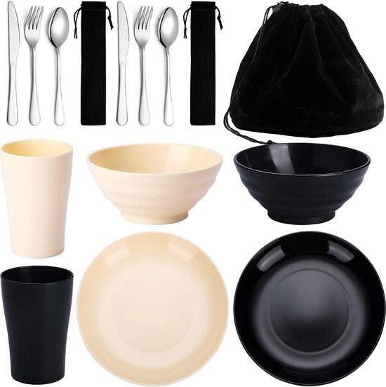 Campingbestekset, herbruikbare lichte bekers, schalen, borden en roestvrijstalen bestek met zwarte tas, vaatwasmachinebestendig