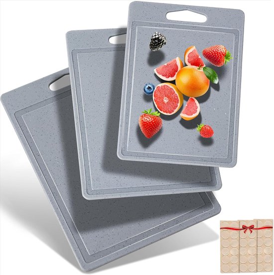 Chopping Board Set, 3-Piece Granite Look, 100% Non-Slip Stickers and Juice Channel, BPA-Free, with Handle, Chopping Boards Plastic, Antibacterial, Dishwasher Safe, Kitchen Accessories (Grey)