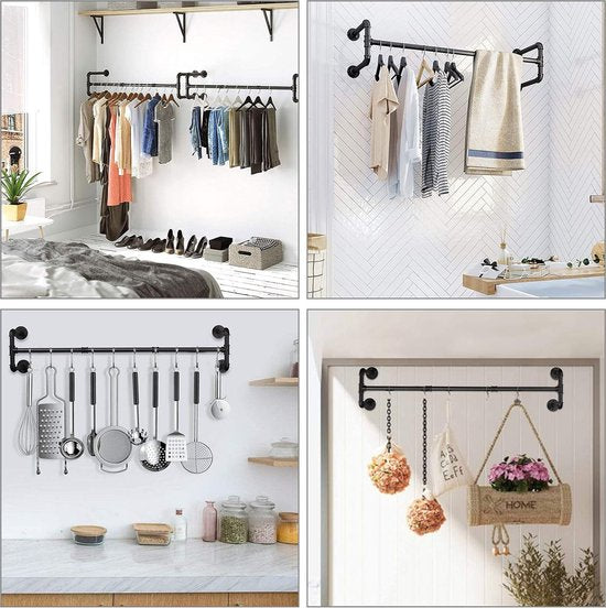 Kledingrek, zwart, kledingroede, 120 cm, hangend kledingrek, afneembaar ijzeren kledingrek, wandrailplank, ruimtebesparende ruimte voor maximaal 60 kg