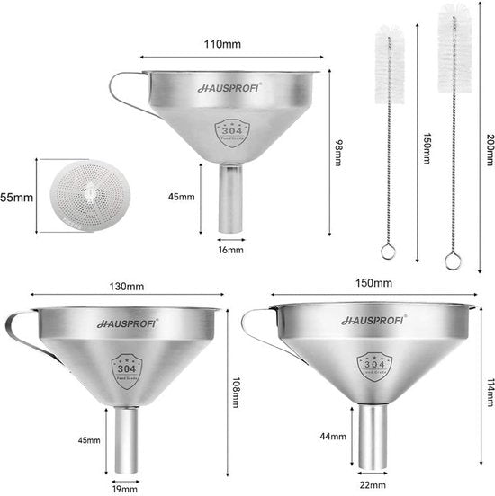 keukentrechters 7 in 1, roestvrijstalen trechterset 3-pack, 2-pack met verwijderbare zeef, voor het overbrengen van vloeistof, vloeistof, poeder, lotion, oliën, 2-delige reinigingsborstels