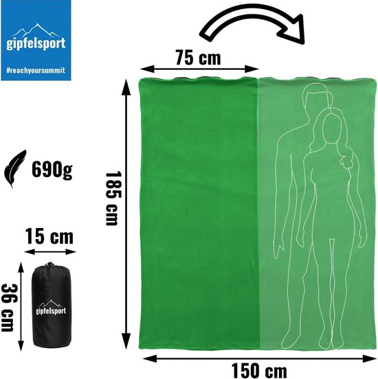 Microvezel fleece deken met slaapzakfunctie, afmetingen 185 x 150 cm, ca. 690 g, microvezel campingdekenslaapzak, licht, klein, rechthoekig
