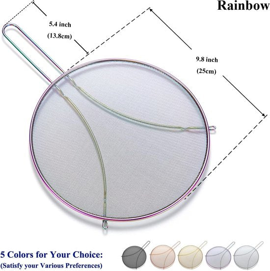 Rainbow spatscherm voor koken 9,8'', roestvrijstalen vetspatscherm voor koekenpan, fijnmazige spatscherm met voeten, comforthandvat, veilig kookdeksel, houdt de keuken schoon