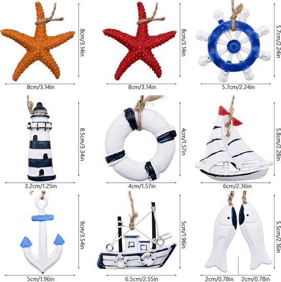 9 stuks maritieme decoratie Badkamer hangend mini strand marine ornament houten boot anker Zeester decoratieve hanger voor mini visnet decoratie