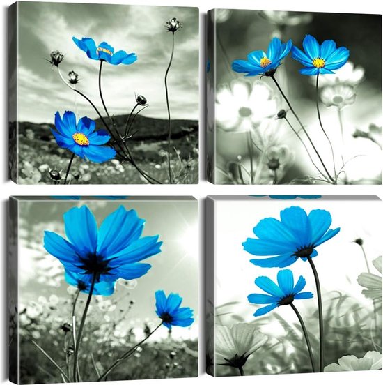 4-delige canvasafbeeldingen met blauwe bloemenmotief, kunstdruk, moderne muurfoto voor badkamer, woonkamer, wanddecoratie - 30 x 30 cm