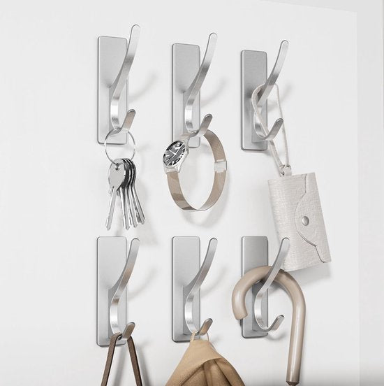 Zelfklevende haken, extra sterk, houdt tot 6 kg, metalen deurhaken, handdoekhaken, roestvrij, zelfklevende haken, douchehaken zonder boren, zilver, 6 stuks