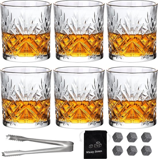 Whiskey glazen 6 stuks kristallen whiskyglazen, set van 6 stuks, 30 cl/300 ml, zware Old Fashioned whiskyglazen voor Scotch, Bourbon ouderwetse cocktails, whisky-cadeau voor mannen, vaderdagcadeau