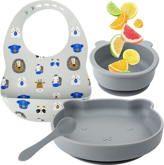 Kinderservies - Babybord Antislip BPA-vrij + Babyschaal Met Zuignap + Siliconen Lepel + Babyslabbetje - Babyservies - - Kinderbord Grijs