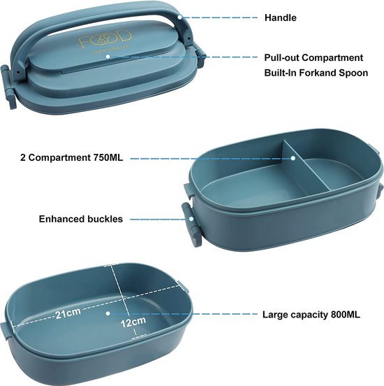 2-laags lunchbox: 1550ml lunchbox met 3 vakken - met bestek - plastic BPA-vrije lunchbox voor volwassenen en heren - lekvrije vakken bentobox magnetronbestendige verwarming