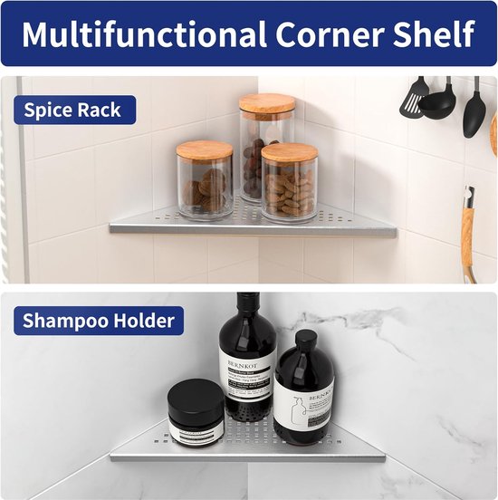 Hoekplank, doucheplank, 304 roestvrij staal, zonder boren, voor badkamer, shampoohouder, organizer, vierkant gat 253 x 253 x 355 mm, geborsteld