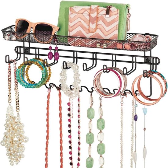 Sieradenhouder voor aan de muur, hangende opslag voor halskettingen, oorbellen, armbanden en andere accessoires, praktische sieradenorganizer van metaal, zwart