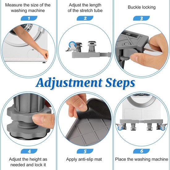 Basisframe wasmachine 8 voet 4 wielen, basisframe wasmachine kan tot 300 kg dragen, maat verstelbaar (41-62 cm), antislip en schokabsorberend, platform voor wasmachine en droger
