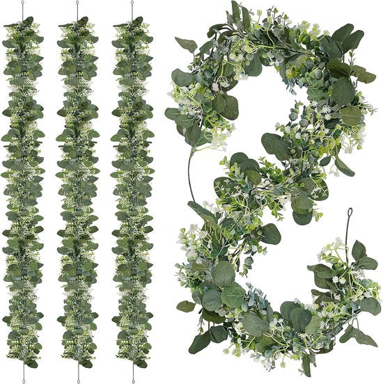 Eucalyptusdecoratie, 4 pakken, 1,5 m lange kunstmatige eucalyptusslinger met witte gipskruidbloemen, kunstmatige hangplant voor bruidsboeket