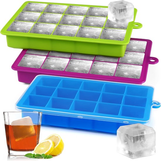 Silicone Ice Cube Tray, Pack of 3 Ice Cube Trays & Ice Cube Trays with Lid, Freezer Mould Silicone Large, Ice Ball Mould, Ice Cube Tray, Silicone Mould Ice Cube Moulds (Blue/Green/Purple)