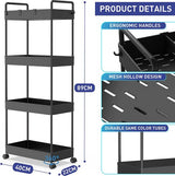 Ronlap 4-laags keukentrolley serveerwagen met hangende bekerscheidingshaak plank op wielen voor keuken slaapkamer kantoor zwart