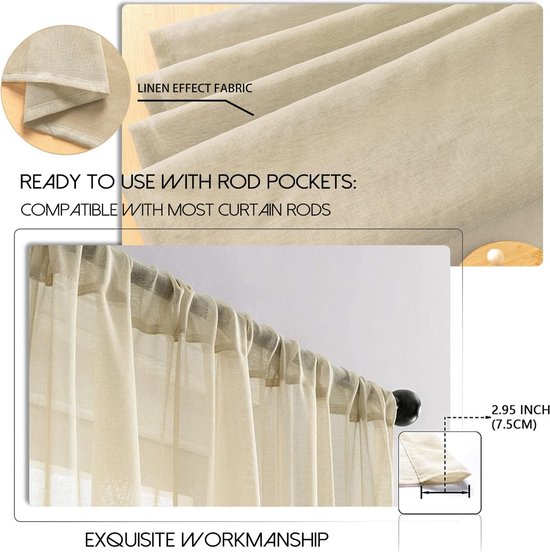 Voile gordijnen met oogjes, half-transparant, kort, linnenlook, voorhang, vitrage, beige-creme, 137 x 140 cm (h x b) voor woonkamer, slaapkamer, kinderkamer, set van 2