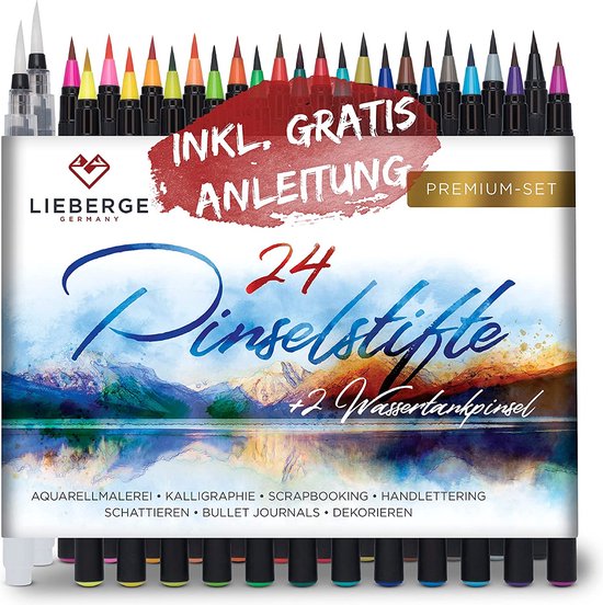 Pennen, premium set, 24 aquarelverf + 2 watertankpennen, pen met flexibele penzegel voor aquarel, handlettering, bullet journal, kalligrafie