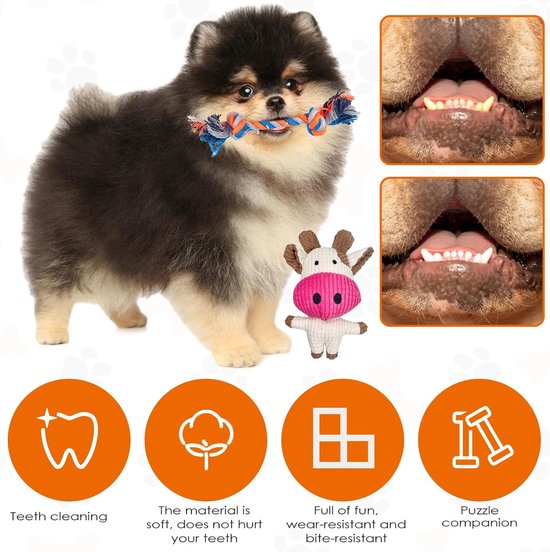 Pak van 7 hondenspeeltjes, kleine honden, puppyspeelgoed, hondenspeelgoed, hondenspeelgoed, duurzaam kauwspeelgoed en piepende intelligentie hondenknuffelset, puppy bijtvaste knuffel