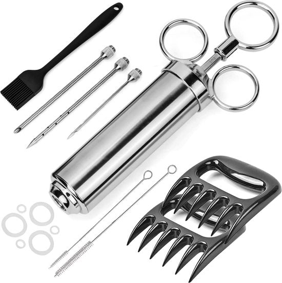 Pork set incl. braadspuit pulled pork klauwen marinierkwast roestvrij staal vleesspuit 60 ml marinadespuit met 3 naalden kwast vleesklauwen kruidenspuit voor BBQ grill vlees rundvlees