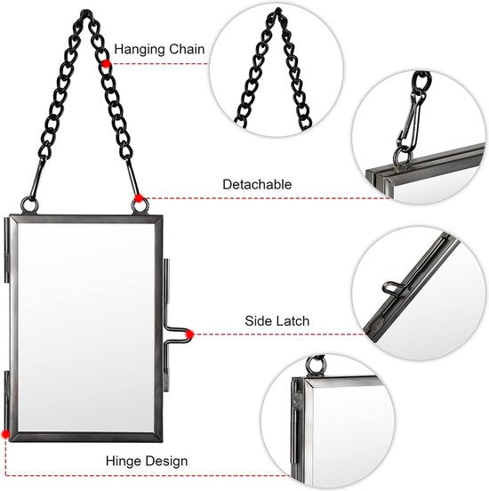 Set van 4 mini-rechthoekige fotolijsten van metaal en glas, hangende glazen fotolijst, geometrisch ornament, plantenmonsterclip, voor geperste bloemenfoto's, zwart