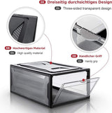 Schoenenbox, set van 3 stapelbare schoenenorganizer, kunststof doos met doorzichtige deur, herbruikbare schoenenopslag, 37 x 26 x 16 cm, voor schoenen tot maat 48, zwart