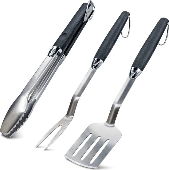Grillbestekset, driedelig, 44 cm, grillset met grilltang, grillspatel en vleesvork van roestvrij staal, grillset, grillaccessoires, roestvrij