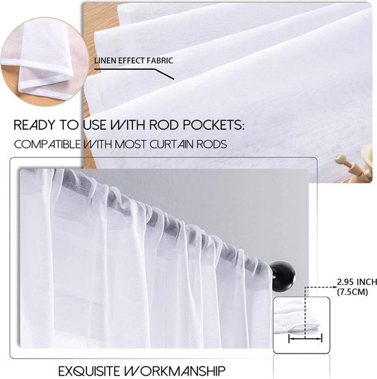 Voile gordijnen met oogjes, halftransparant, kort, linnenlook, voorhang, vitrage, wit, 145 x 140 cm (h x b) voor woonkamer, slaapkamer, kinderkamer, set van 2