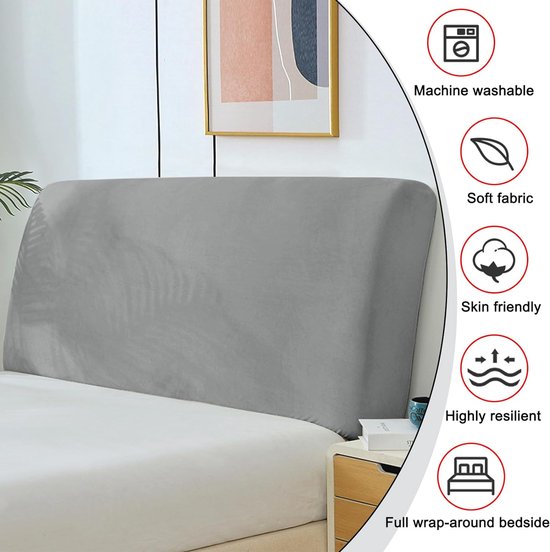 Beschermhoes voor het hoofdbord van het bed, zachte stretch, fluweel, stofdicht, beschermhoes voor gevoerd hoofdeinde (150-170 cm, donkergrijs)