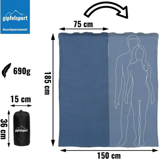 Microvezel fleece deken met slaapzakfunctie, afmetingen 185 x 150 cm, ca. 690 g, microvezel campingdekenslaapzak, licht, klein, rechthoekig